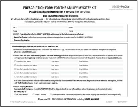 ABILIFY MYCITE® Kit Prescription Form, Downloadable Resource